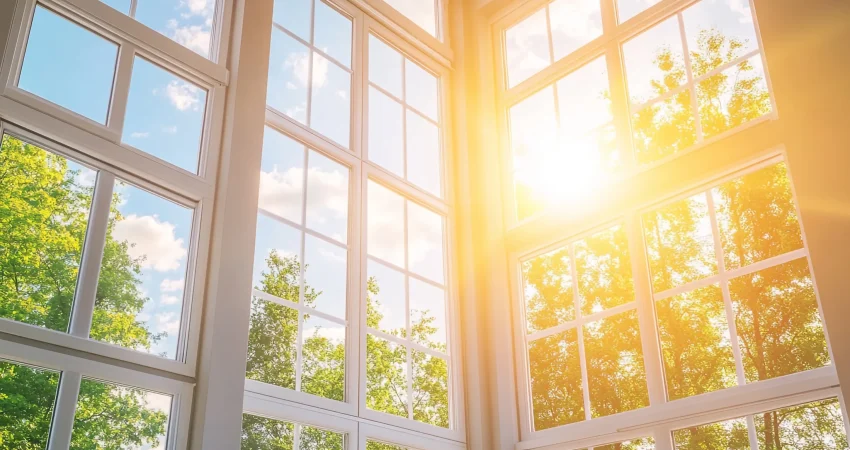 Bright naturally-lit modern living room interior featuring floor-to-ceiling smart insulating glass windows providing abundant daylight, outdoor views, and thermal comfort without glare or excessive heat gain, demonstrating superior performance versus traditional insulation approaches - InfoProds Home Design 2026