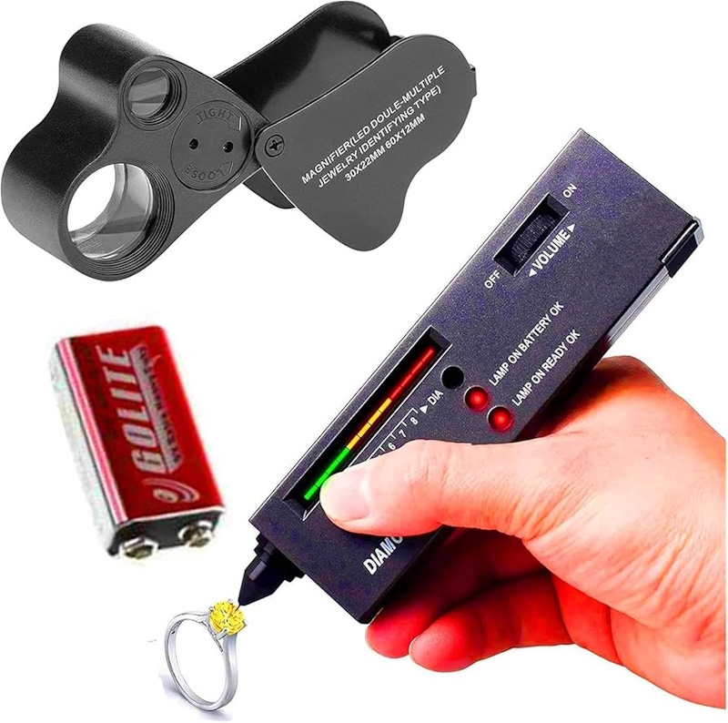 Complete vintage jewelry authentication toolkit featuring jeweler's loupe, portable UV light, magnet, digital scale, measuring tools, and acid testing kit arranged on wooden surface - essential equipment for treasure hunting at estate sales and garage sales InfoProds 2026