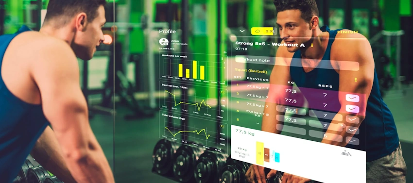 Modern smart health mirror with integrated display showing heart rate, blood pressure, and body composition metrics during daily health monitoring routine in contemporary bathroom setting - digital health technology innovation - InfoProds 2026