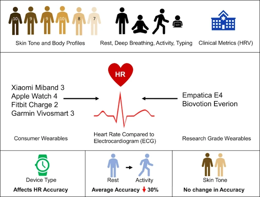 Medical professional conducting accuracy comparison between clinical-grade health monitoring equipment and consumer wearable fitness devices for validation study - digital health research - InfoProds 2026