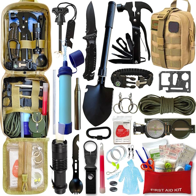 Comprehensive survival kit with all essential tools first aid camping gear and emergency supplies