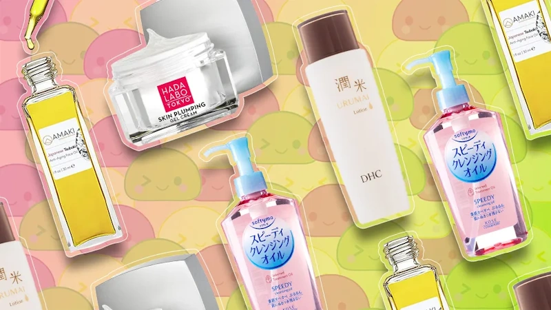 Japanese Minimalist Skincare Routine Mochi Skin Products Clean minimalist arrangement of 5 essential Japanese J-Beauty skincare products including double cleanse hydrating lotion serum moisturizer sunscreen demonstrating simplified mochi skin philosophy