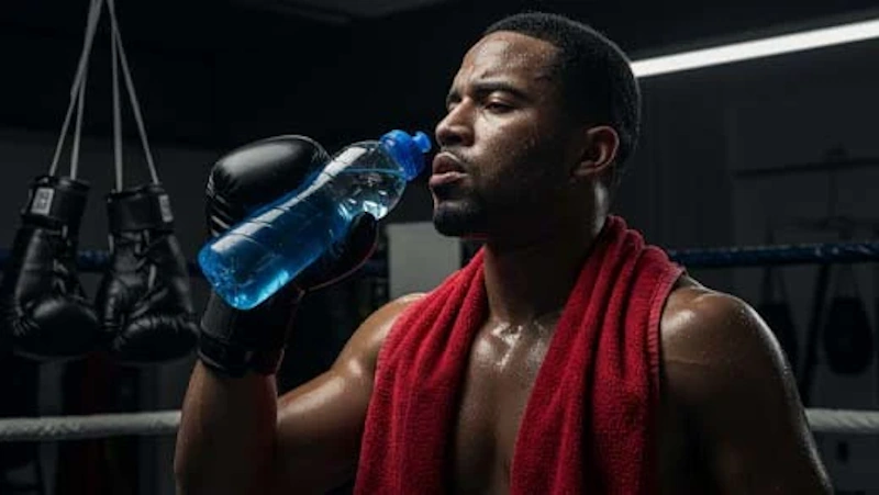 Professional boxer rapidly rehydrating with electrolyte sports drink immediately after making weight at official weigh-in showing aggressive fluid replacement protocol and post-weigh-in recovery nutrition strategy combat sports InfoProds 2026