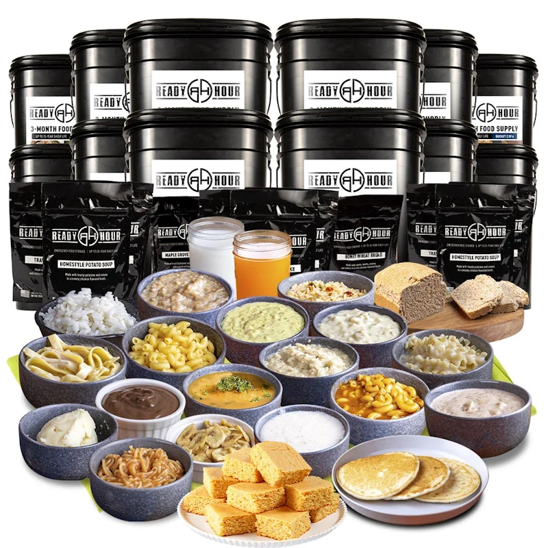 Budget emergency food supplies showing rice beans peanut butter and energy bars providing affordable survival nutrition for emergency preparedness - survival food InfoProds 2026