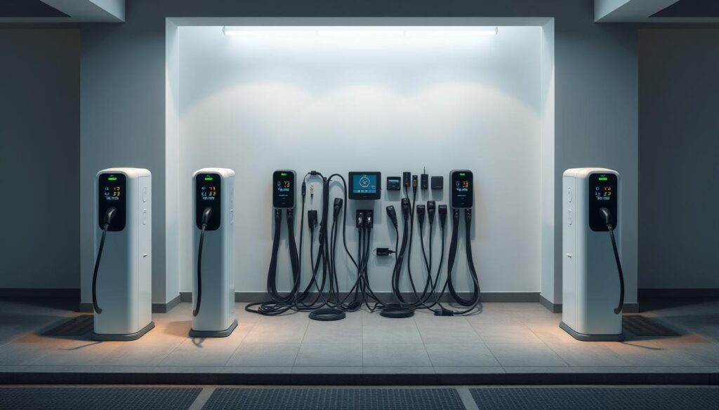 Electric vehicle charging station showing organized cable management system with retractable reel, weatherproof housing, and Level 2 charger mounted on residential garage wall with EV parked during charging session - InfoProds 2026