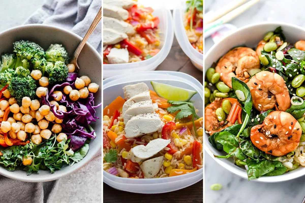 Colorful healthy meal prep bowls with proteins grains and vegetables showing balanced nutrition planning