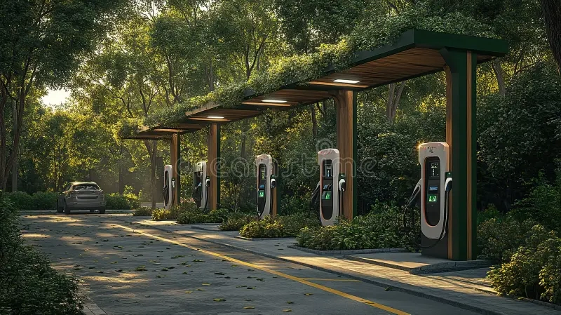 Modern electric vehicle parked at highway rest area charging station with open trunk displaying neatly organized travel accessories including portable EVSE charger cables adapters emergency equipment and storage solutions for long distance 500 mile EV road trip journey preparation InfoProds 2026