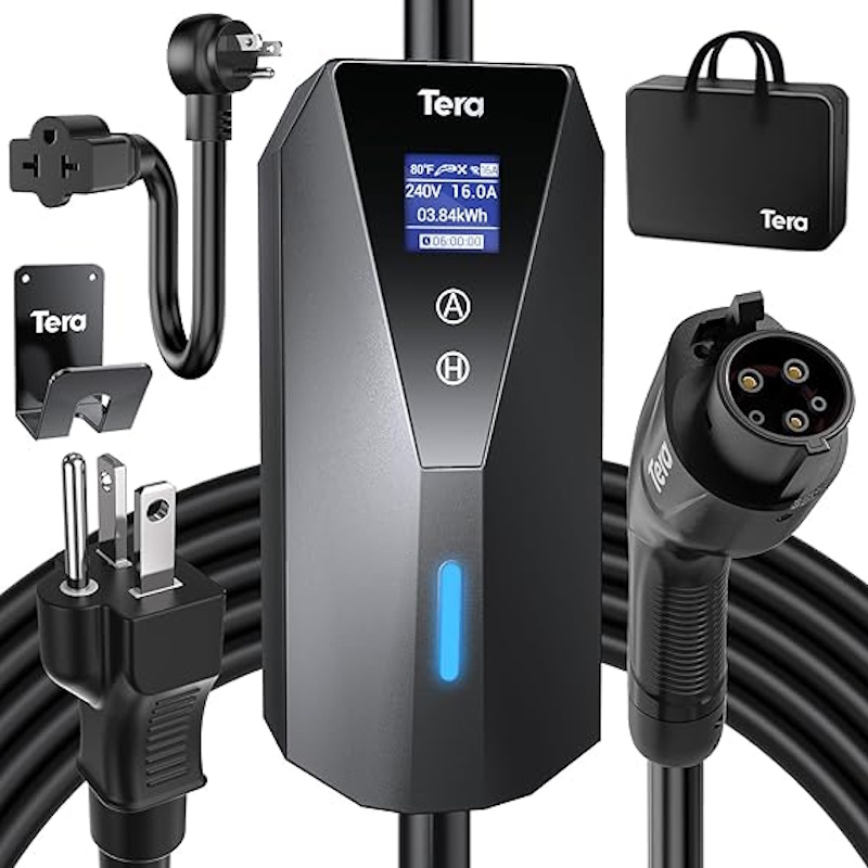 Professional portable Level 2 electric vehicle charging equipment EVSE unit with comprehensive collection of NEMA 14-50 6-50 10-30 adapters organized in waterproof carrying case demonstrating essential gear for extended EV road trips beyond public charging infrastructure InfoProds 2026