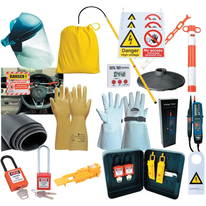 Complete electric vehicle emergency safety equipment kit displaying portable jump starter tire repair tools air compressor Class C fire extinguisher high visibility vest emergency blankets first aid supplies organized for EV specific roadside emergency preparedness InfoProds 2026