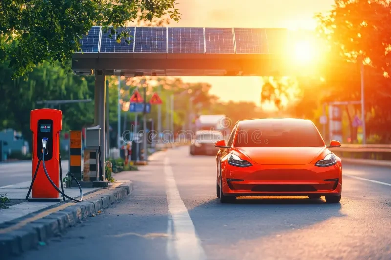 Modern electric vehicle silhouetted against dramatic sunset sky at highway charging station symbolizing successful completion of 500 plus mile EV road trip adventure with proper preparation planning and essential travel accessories demonstrating electric mobility capabilities InfoProds 2026