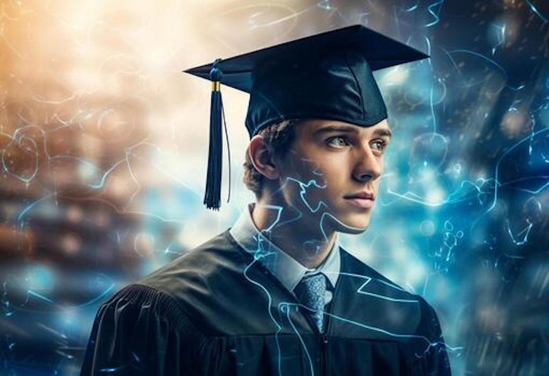 Successful college graduate in cap and gown celebrating academic achievement with laptop and technology representing four years of productive student device use supporting coursework research and educational success through informed technology purchasing decisions InfoProds 2026