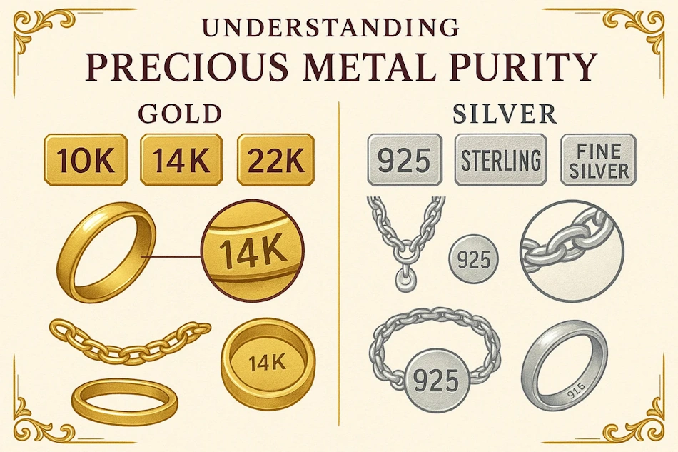 Magnified view of official gold hallmarks quality stamps and government-mandated karat markings showing legal standards for gold jewelry authentication InfoProds 2026