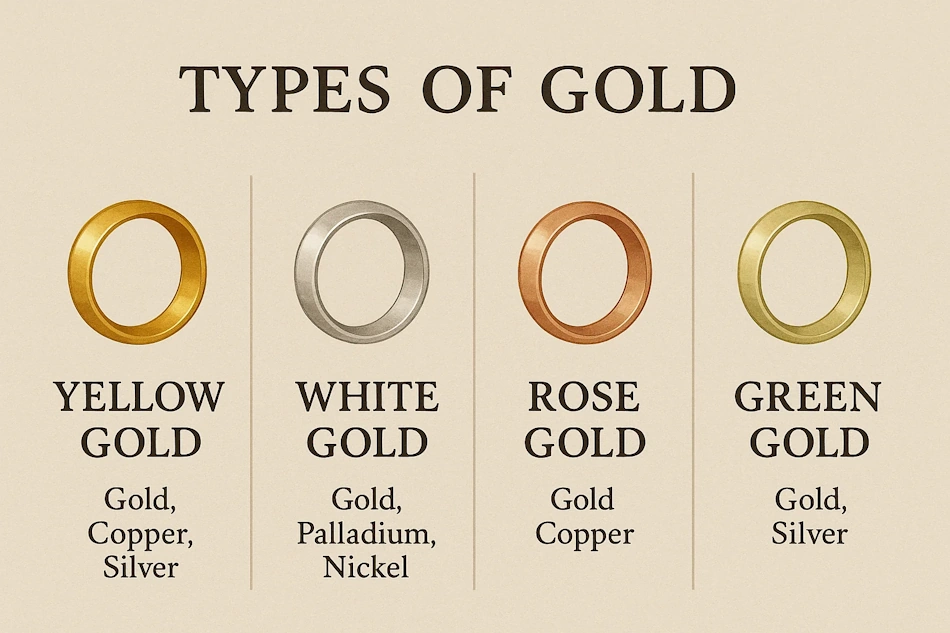 Side-by-side comparison of yellow gold rose gold and white gold jewelry in various karat purities showing color deception in quality assessment InfoProds 2026