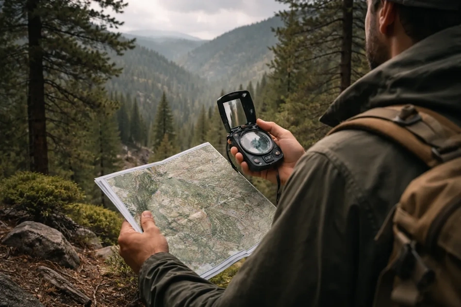 Navigator following precise compass bearing while hiking through dense forest demonstrating proper technique for maintaining direction when visibility is limited by vegetation and terrain - InfoProds 2026
