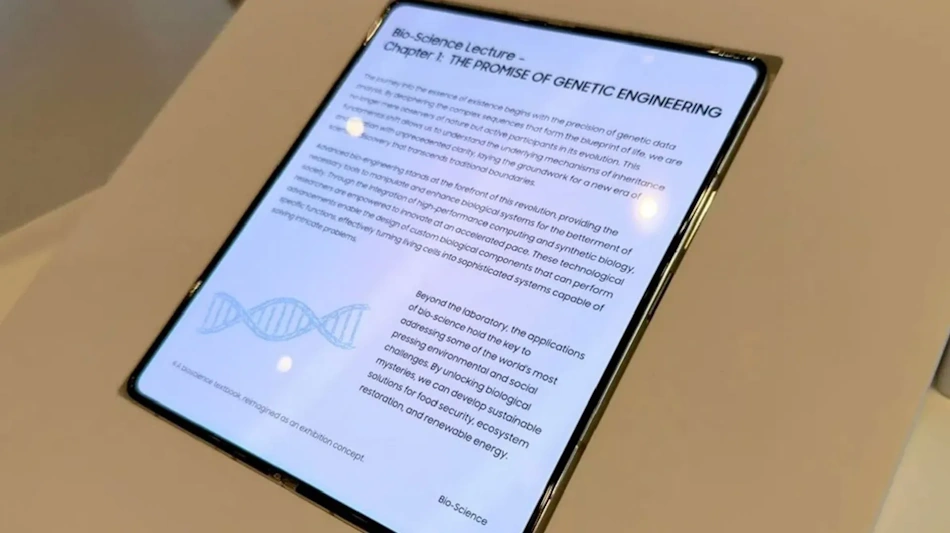 Close-up detailed view of Samsung's revolutionary creaseless foldable smartphone display showing completely flat screen surface without visible fold line, demonstrating advanced polymer substrate technology and precision engineering that eliminates traditional foldable phone crease problems - InfoProds 2026 technology innovation analysis