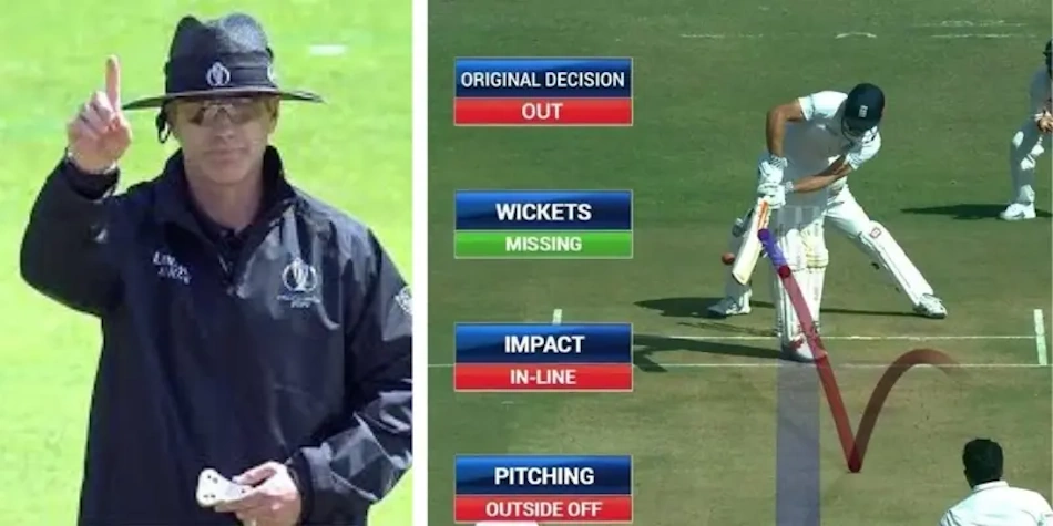 Cricket umpire raising finger to signal leg before wicket dismissal decision during international test match demonstrating complexity of Law 36 adjudication requiring instant geometric trajectory assessment and multiple simultaneous criteria evaluation - InfoProds 2026