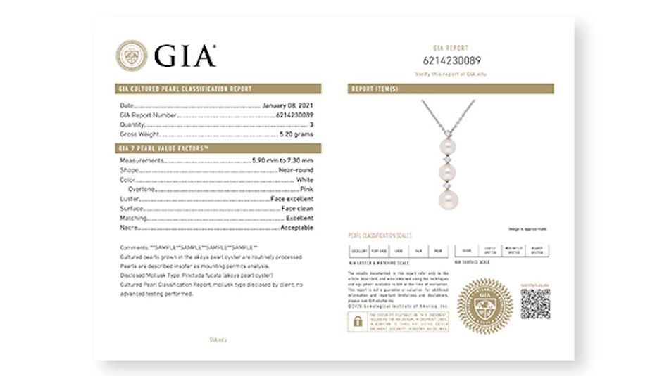 Official GIA pearl classification report certificate showing detailed quality assessment seven value factors authentication documentation for cultured pearl jewelry investment protection - InfoProds 2026
