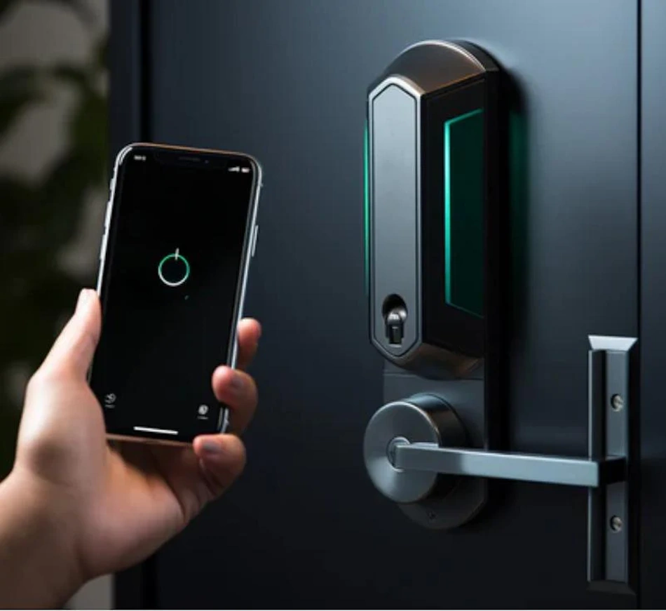 Close-up view of gallium arsenide photovoltaic receiver cells integrated into smart lock exterior assembly converting optical infrared beam energy to electrical current powering lock motor processor and wireless communications without batteries, showcasing advanced wireless power transfer technology for sustainable home automation - InfoProds 2026