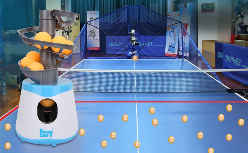 Automated ball-launching robot system in professional table tennis training facility delivering calibrated serves for scientific equipment testing protocol, featuring high-speed cameras and precision sensors measuring spin rates and velocity characteristics - InfoProds Sports Equipment Testing Methodology 2026