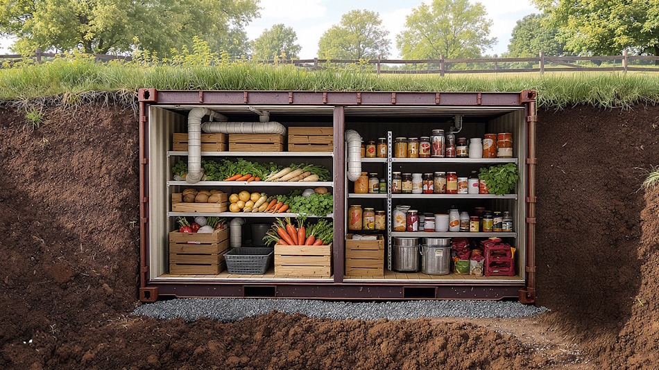 Root cellar underground storage system filled with winter vegetables including potatoes carrots and beets demonstrating traditional cold storage preservation techniques without electricity or refrigeration - InfoProds Off-Grid Living 2026