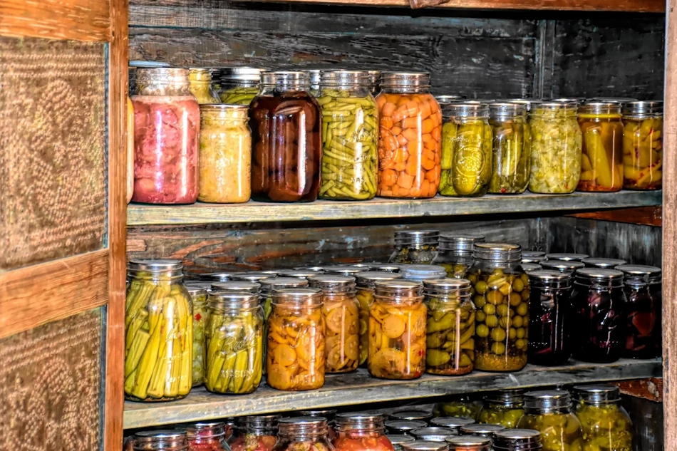 Well-stocked preservation pantry showcasing diverse preservation methods including fermented pickles dried herbs salt-cured meats and oil-preserved vegetables creating year-round food security without electricity - InfoProds Self-Sufficiency Guide 2026