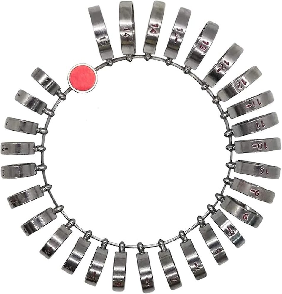 Professional ring sizing gauge set displaying various band widths and comfort fit profiles used by jewelers to determine accurate ring measurements, showing proper sizing tools for different ring styles and metal types - InfoProds 2026