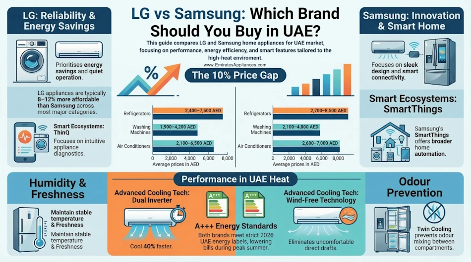 Detailed comparison chart displaying key specifications and features of Samsung Bespoke AI Family Hub versus LG Signature InstaView smart refrigerators including AI recognition accuracy, energy consumption, price points, and user interface differences for informed kitchen appliance purchase decisions - InfoProds 2026 buying guide
