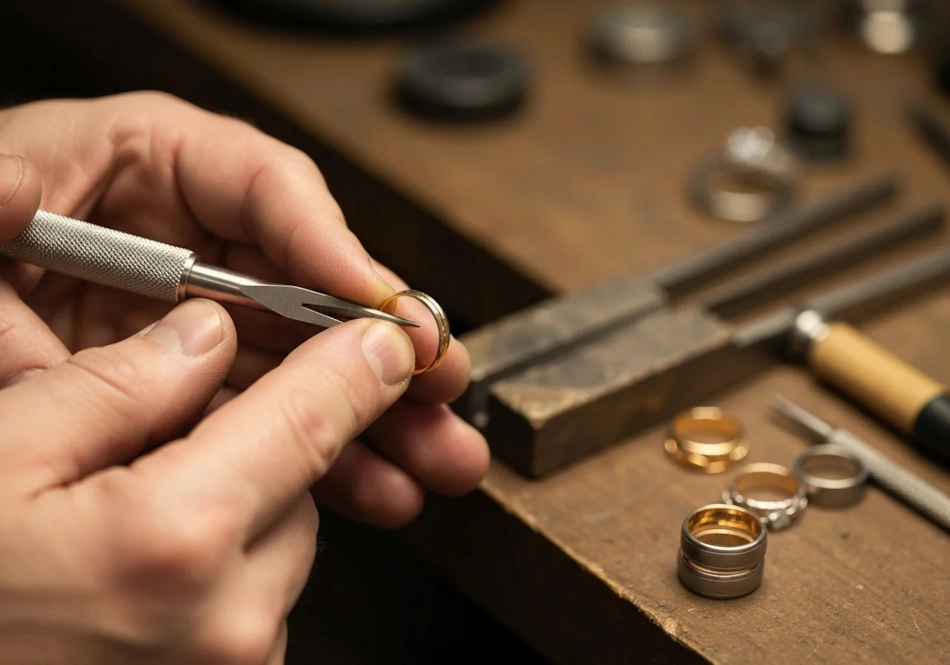 Expert goldsmith carefully resizing precious metal ring using specialized jewelry tools and soldering equipment, demonstrating professional metalworking techniques for proper ring size adjustment and structural integrity maintenance - InfoProds 2026