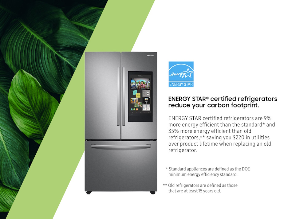 Modern energy-efficient smart refrigerator with ENERGY STAR Most Efficient certification label showing advanced temperature management system and eco-friendly cooling technology reducing power consumption in sustainable home kitchen environment - InfoProds 2026 green appliance guide