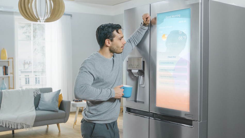 Happy family interacting with voice-controlled AI smart refrigerator featuring hands-free motorized door opening system responding to verbal commands while preparing meal together in contemporary kitchen showcasing practical smart home technology integration - InfoProds 2026 modern kitchen lifestyle