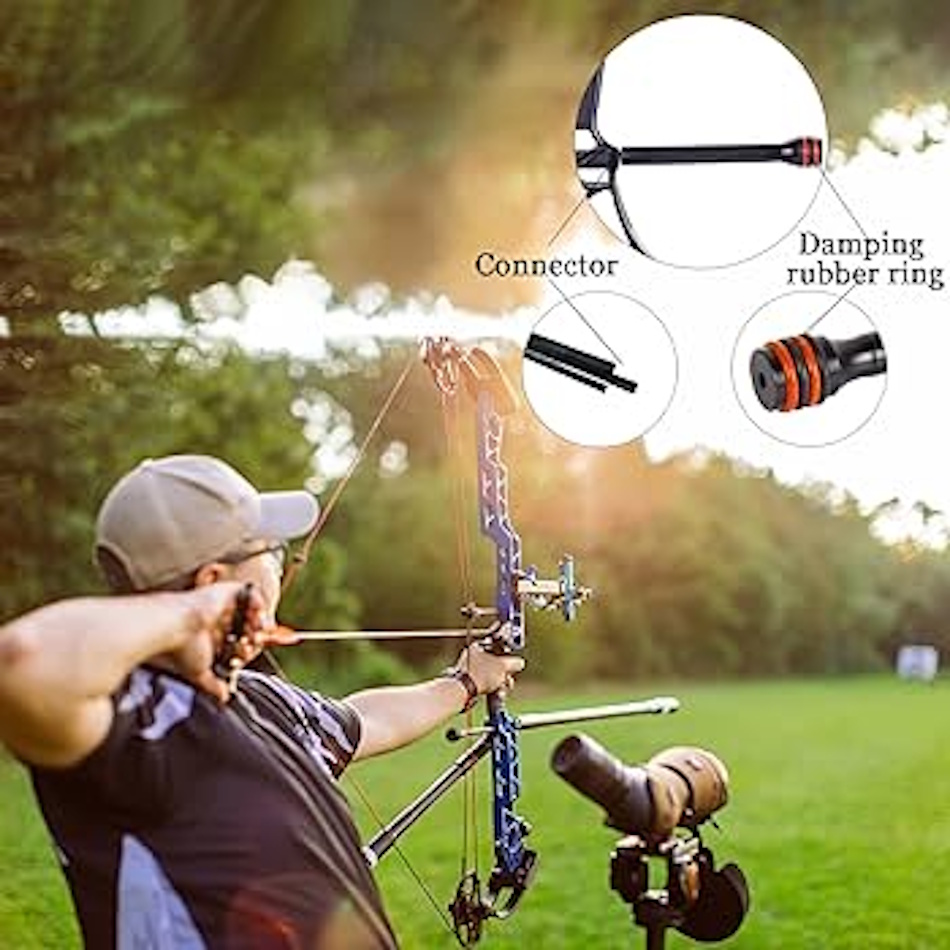 Close-up detail of modern Olympic recurve bow stabilizer system with central rod and V-bar configuration showing precision-weighted components engineered to reduce bow movement and vibration during arrow release for enhanced shooting consistency in competitive archery 2026 - InfoProds