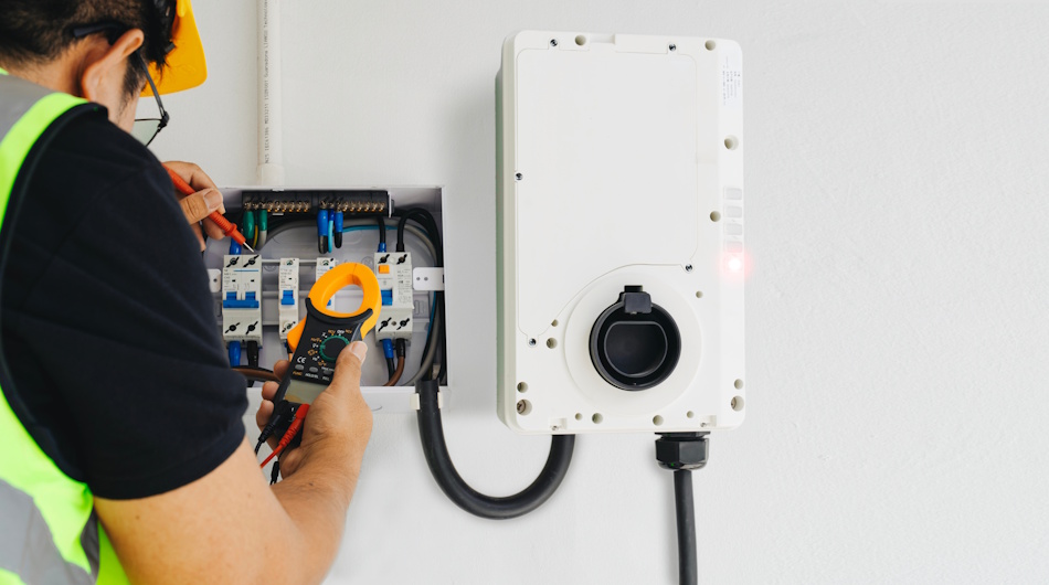 Professional electrician inspecting residential electrical panel capacity for EV charging installation showing load calculations and circuit breaker assessment before equipment purchase - InfoProds 2026