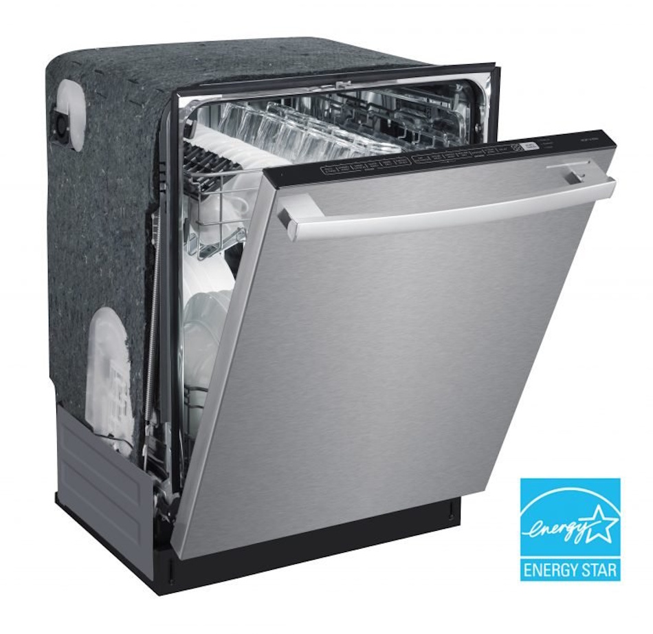 Stainless steel ENERGY STAR certified dishwasher with open door showing efficient spray arm design and loaded dish racks demonstrating proper loading technique for maximum water conservation in modern kitchens - InfoProds 2026 kitchen efficiency guide