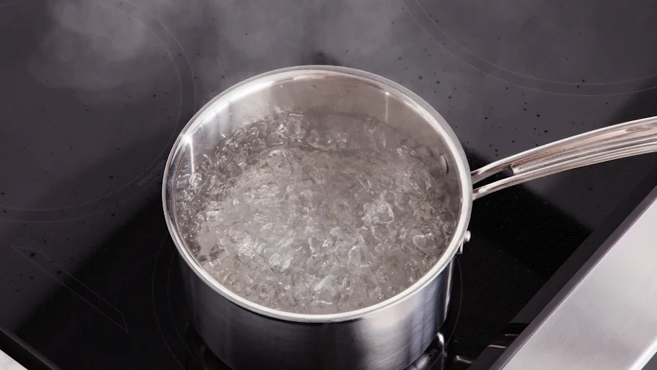 Close-up view of stainless steel pot rapidly boiling water on black induction cooktop surface showing steam and bubbles illustrating the faster cooking times and superior 84 percent energy transfer efficiency compared to traditional gas and electric cooking methods discussed in InfoProds 2026 comprehensive stove comparison guide