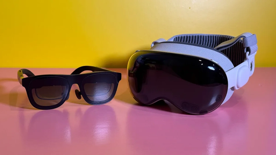 User experiencing Xreal One smart glasses immersive virtual display technology with 330-inch screen projection and electrochromic dimming features for productivity and entertainment 2026 - InfoProds AR glasses guide