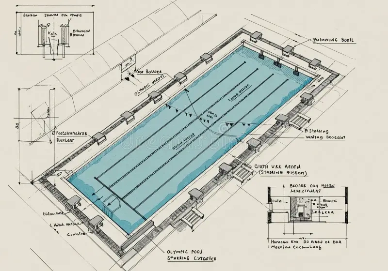 Construction site revealing complex engineering layers of Olympic-standard swimming pool including reinforced concrete structure circulation systems perforated gutters and specialized filtration equipment installation - InfoProds 2026
