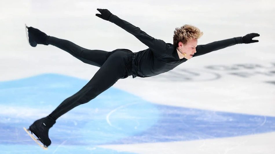 Elite figure skater executing flawless combination spin sequence during international competition showcasing years of vestibular system training and neuroplastic brain adaptation for dizziness suppression - InfoProds Championship 2026