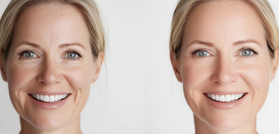 Side by side comparison showing realistic before and after results from consistent LED light therapy mask treatment for anti-aging collagen production fine lines reduction - InfoProds 2026