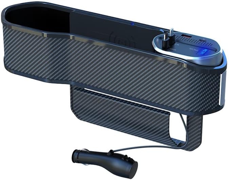 Advanced smart car seat gap filler featuring integrated Qi wireless charging pad, USB-C Power Delivery ports, LED ambient lighting system, and Bluetooth connectivity for smartphone control, representing cutting-edge automotive accessory technology integration - InfoProds 2026