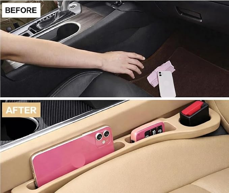 Side-by-side comparison showing vehicle interior before gap filler installation with visible void between seats where items disappear, versus after installation with seamless protective barrier maintaining organized cabin environment and preventing item loss in modern car - InfoProds 2026