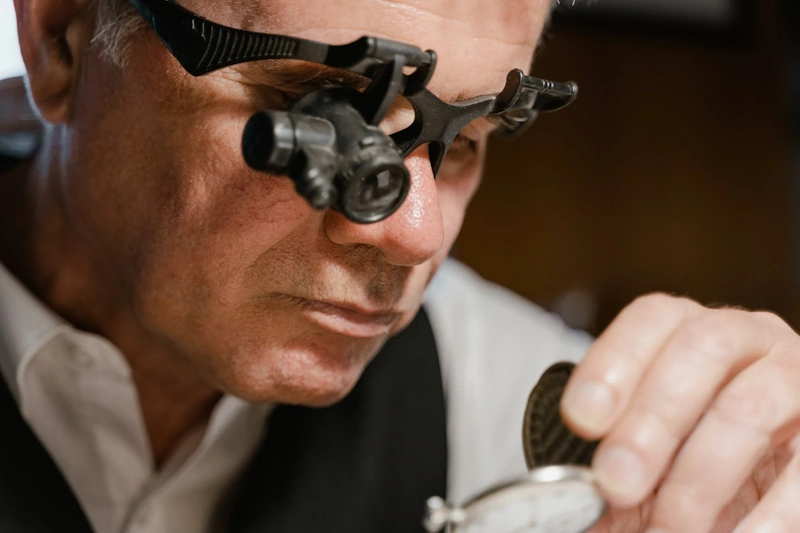 Jewelry expert using professional jeweler's loupe magnification tool to carefully examine and authenticate hallmarks stamps on gold ring checking for genuine precious metal marks - InfoProds 2026