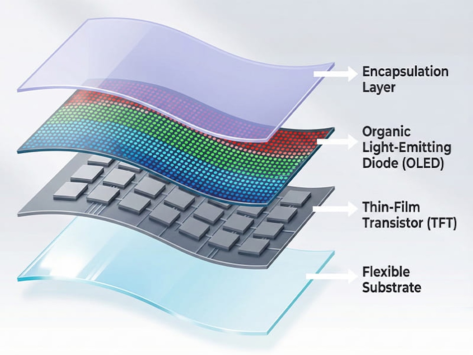 Close-up detailed view of flexible OLED display materials, ultra-thin glass substrates, hinge engineering components, and advanced smartphone screen technology demonstrating materials science innovations in foldable phone construction 2026 - InfoProds