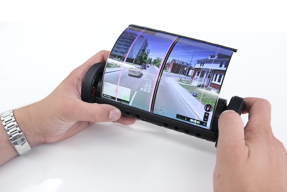 Advanced rollable smartphone prototype showing horizontal display extension mechanism, sliding OLED screen technology, and seamless crease-free viewing experience representing future mobile device innovation and next-generation flexible displays - InfoProds Tech Analysis