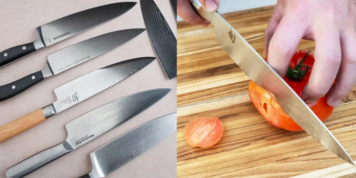 Professional chef demonstrating precise knife skills with budget and luxury chef knives side by side on wooden cutting board with freshly diced vegetables, comparing cutting performance and blade quality for blind testing evaluation - InfoProds Kitchen Tools Review 2026