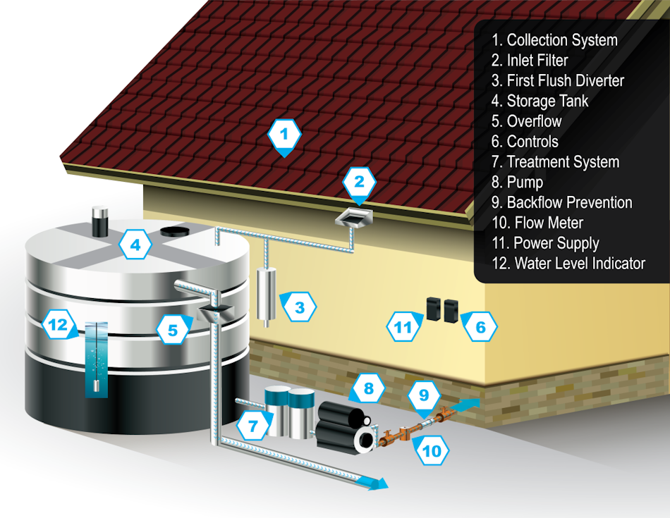 Comprehensive residential rainwater harvesting system showing barrels, filtration, overflow management and strategic positioning for long-term water independence and conservation - InfoProds Complete Home Guide 2026