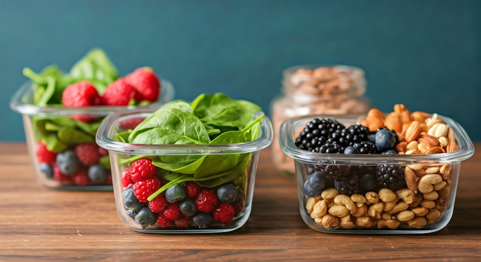 Organized glass meal prep containers filled with colorful nutrient-dense meals featuring lean proteins, roasted vegetables, quinoa, leafy greens, and berries demonstrating practical weekly meal planning for maintaining consistent skin-healthy nutrition and beautiful radiant complexion - InfoProds 2026