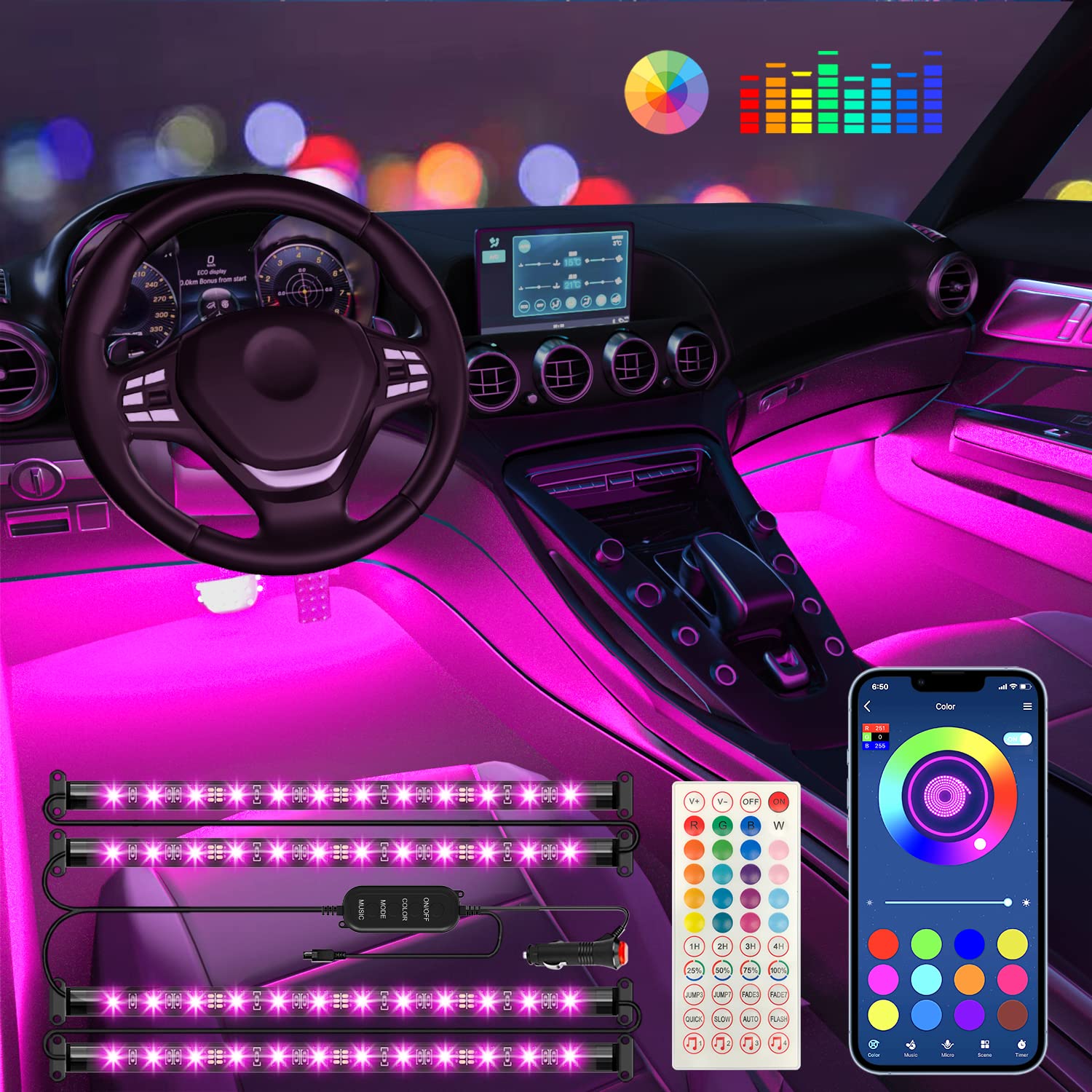 Smartphone displaying advanced car interior LED lighting control app with color wheel selection, music synchronization visualization, voice command integration with Alexa and Google Assistant, and smart home automation features for premium automotive ambient lighting experience - smart LED control InfoProds 2026