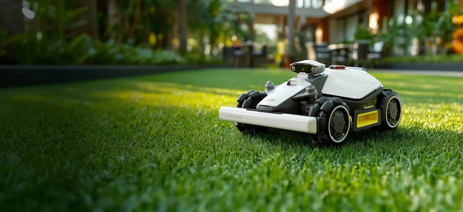 Professional robotic lawn mower with GPS antenna navigating residential backyard with clear satellite visibility, systematic parallel mowing pattern visible on freshly cut grass, white charging station visible near garage - InfoProds Best Yard Tech 2026