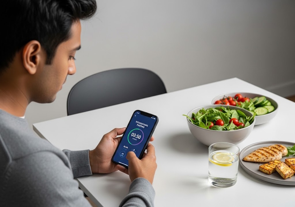 Person monitoring intermittent fasting eating window on mobile app timer while arranging fresh vegetables and lean protein on kitchen counter demonstrating time-restricted eating meal preparation techniques - InfoProds 2026