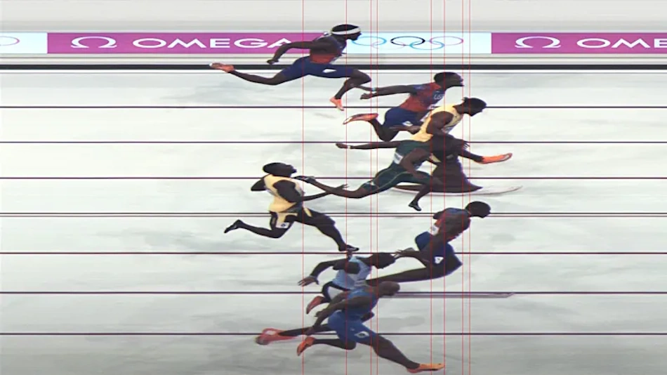 Professional Olympic sprinter demonstrating perfect finish line technique with forward torso lean and downward head position during 100-meter championship race - Sprint biomechanics training guide InfoProds 2026